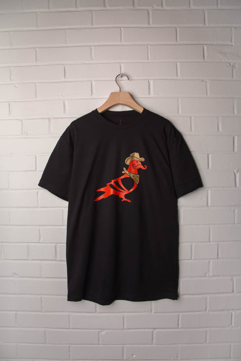 Black tee shirt with Calle pigeon meets Barrio CF logo in red and metallic gold.