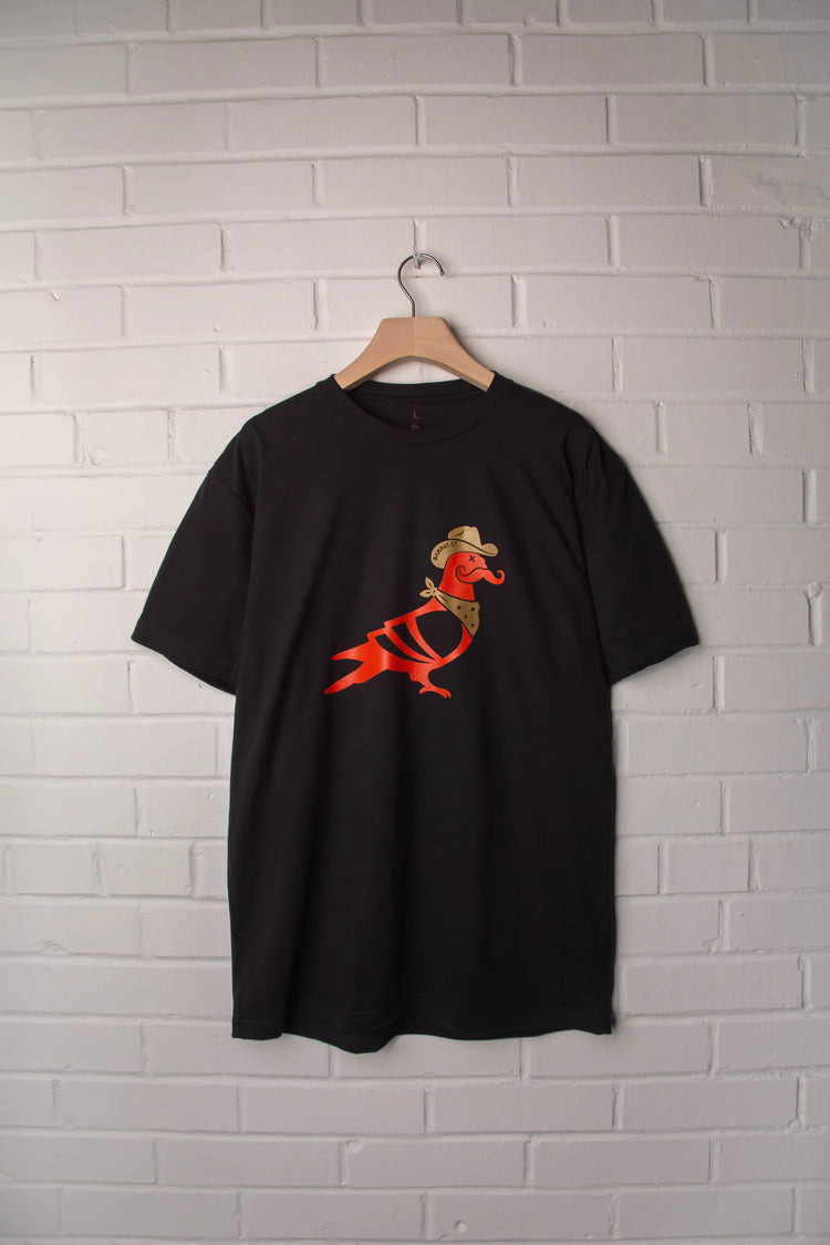 Black tee shirt with Calle pigeon meets Barrio CF logo in red and metallic gold.